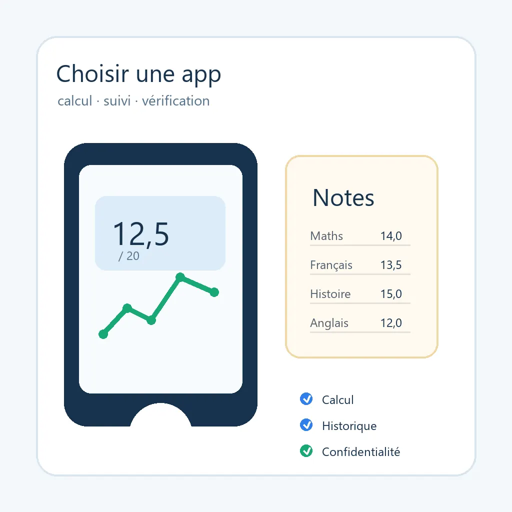 Illustration éditoriale d'une application mobile qui calcule une moyenne avec une feuille de notes et une courbe de suivi