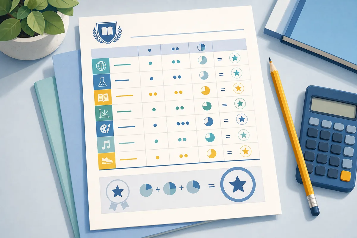 Illustration éditoriale d'un bulletin scolaire avec matières, coefficients et calculatrice