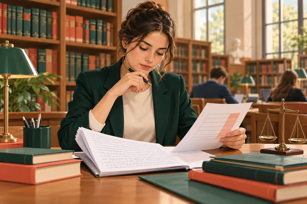 Illustration d'une candidate préparant le CRFPA à une table de bibliothèque, sans document officiel ni résultat d'examen