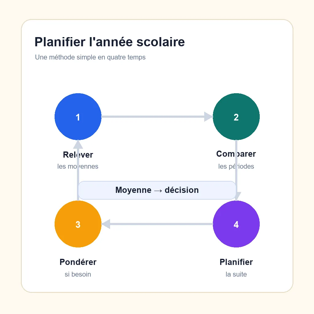 Schéma en quatre étapes pour relever, comparer, pondérer et planifier les moyennes de trimestre