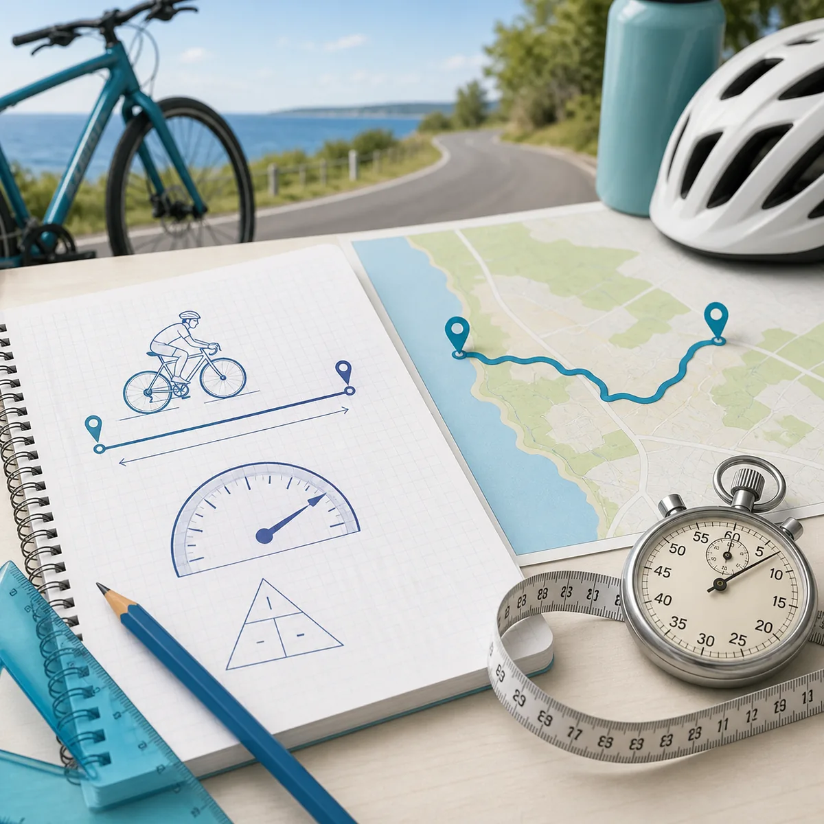 Illustration d'un trajet à vélo avec carte, distance mesurée et chronomètre