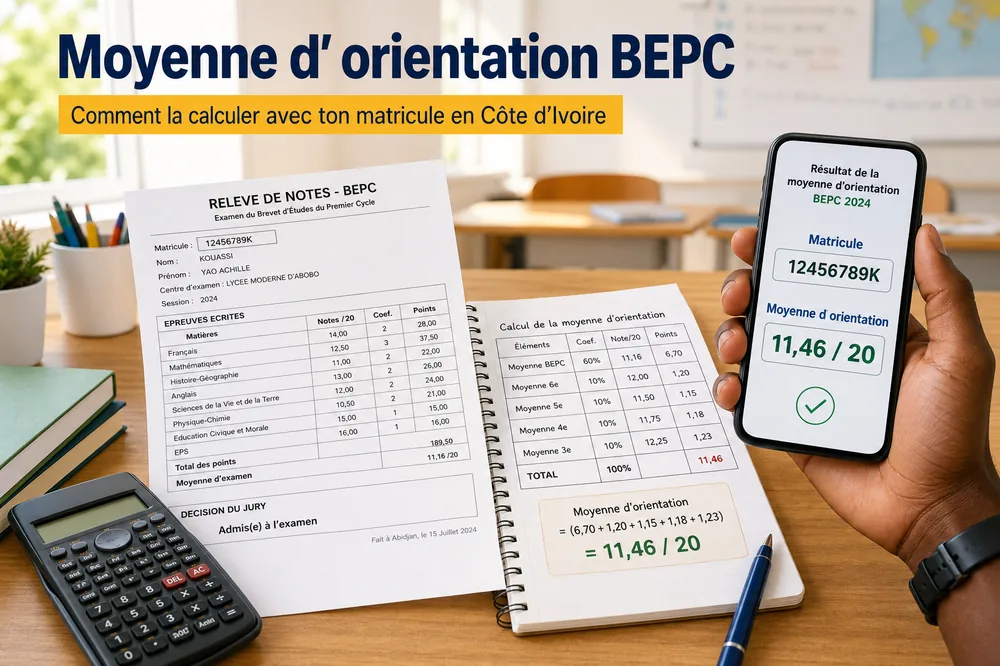 Eleve verifiant un tableau de calcul de moyenne d'orientation BEPC avec matricule